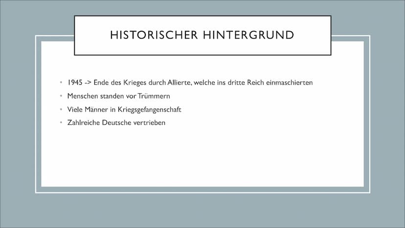 TRÜMMERLITERATUR
1945-1950 INHALT
• Hintergrund
●
●
●
●
●
Historischer Hintergrund
Epochenmerkmale
Vertreter
Werke aus dem Unterricht
Warum 