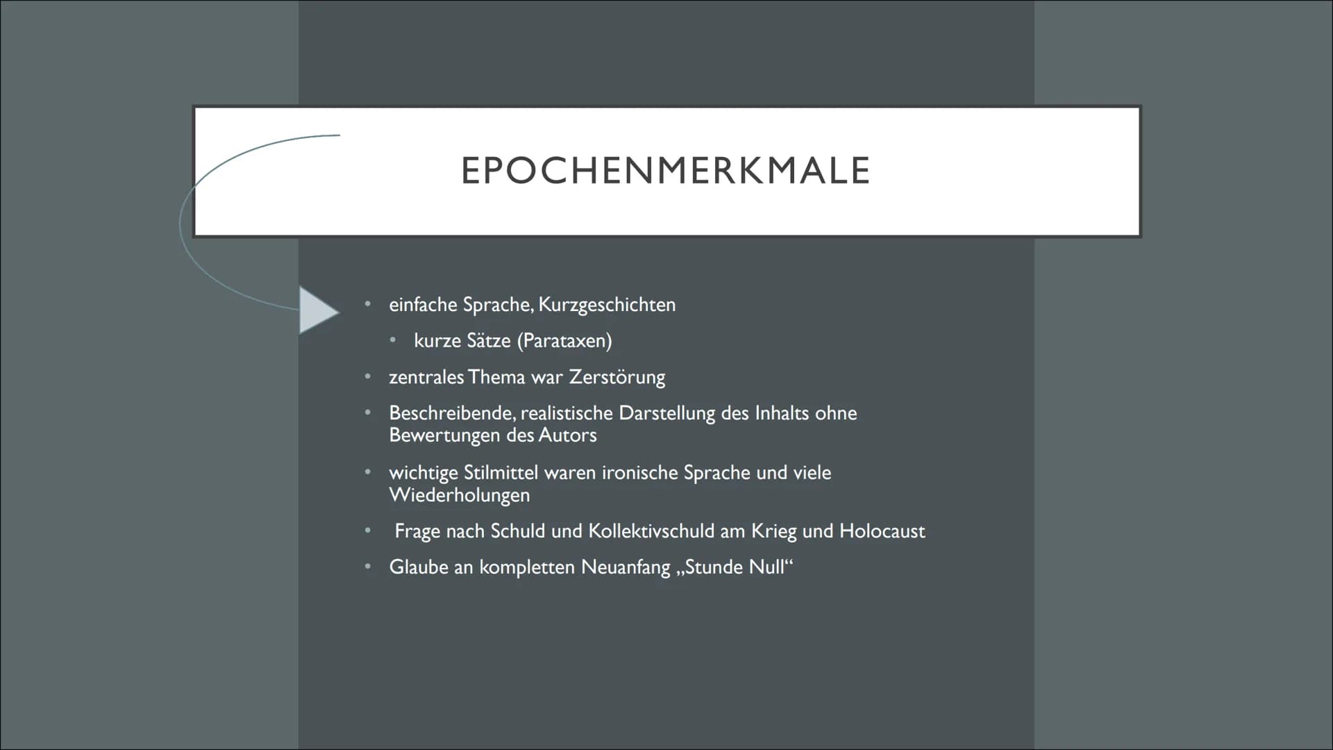 TRÜMMERLITERATUR
1945-1950 INHALT
• Hintergrund
●
●
●
●
●
Historischer Hintergrund
Epochenmerkmale
Vertreter
Werke aus dem Unterricht
Warum 