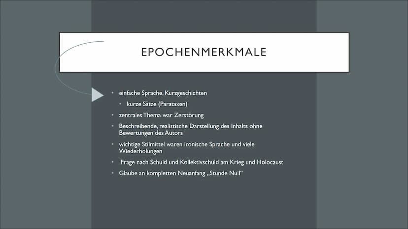 TRÜMMERLITERATUR
1945-1950 INHALT
• Hintergrund
●
●
●
●
●
Historischer Hintergrund
Epochenmerkmale
Vertreter
Werke aus dem Unterricht
Warum 