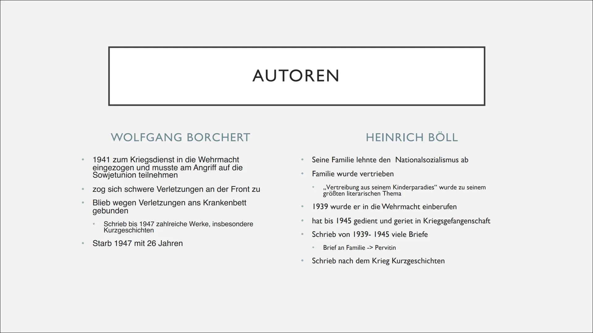 TRÜMMERLITERATUR
1945-1950 INHALT
• Hintergrund
●
●
●
●
●
Historischer Hintergrund
Epochenmerkmale
Vertreter
Werke aus dem Unterricht
Warum 