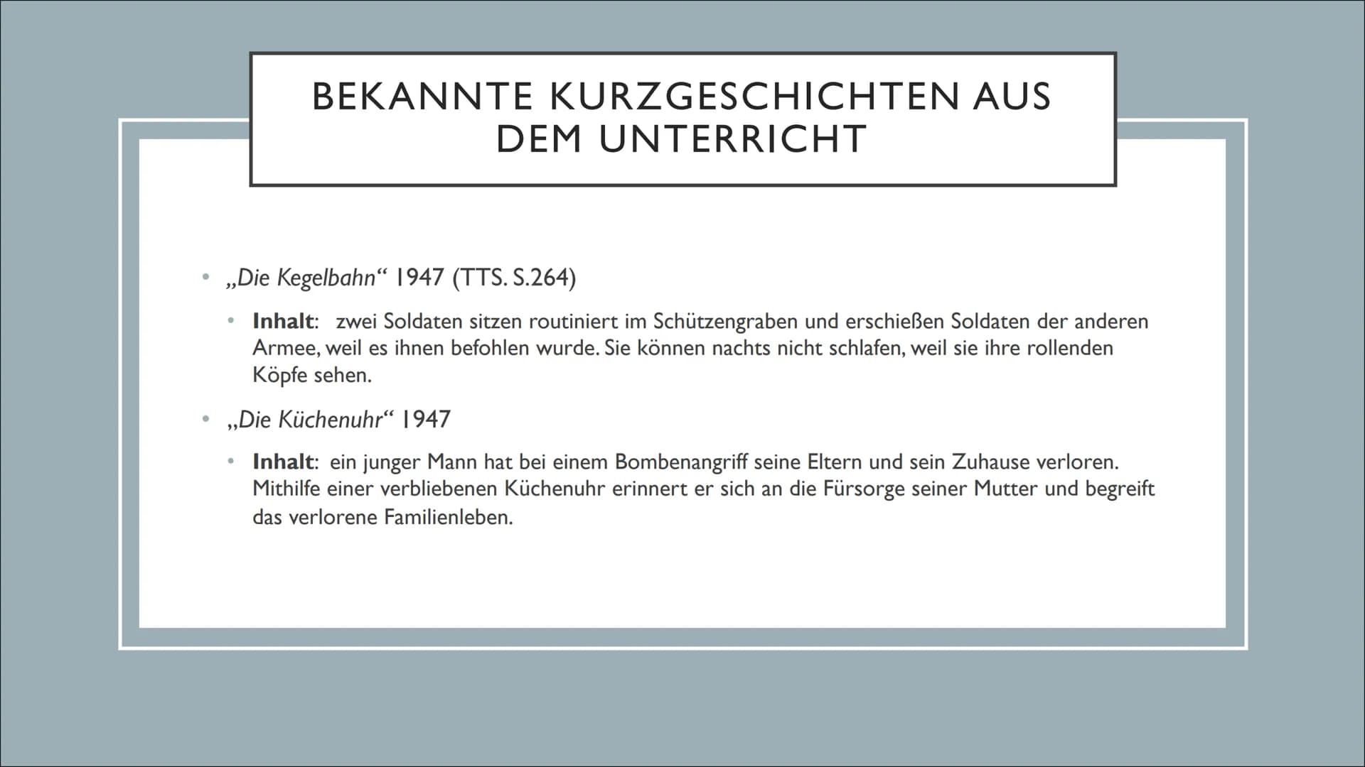 TRÜMMERLITERATUR
1945-1950 INHALT
• Hintergrund
●
●
●
●
●
Historischer Hintergrund
Epochenmerkmale
Vertreter
Werke aus dem Unterricht
Warum 