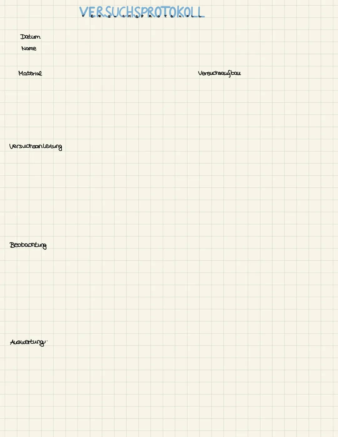 Datum
Name
Material
Versuchsanleitung
Beobachtung
Auswertung
VERSUCHSPROTOKOLL
Versuchsaufbau