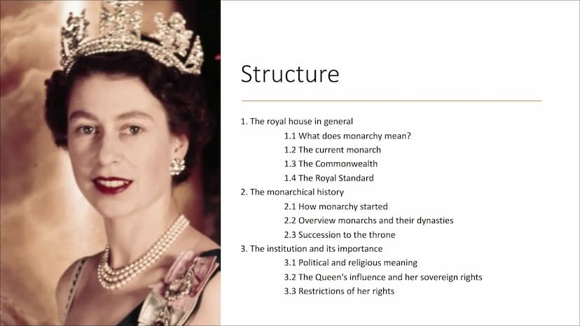 1114
**
The monarchy in England
A loss of money or an important impact for the British society?
A presentation by Léonie Schmitz Structure
1