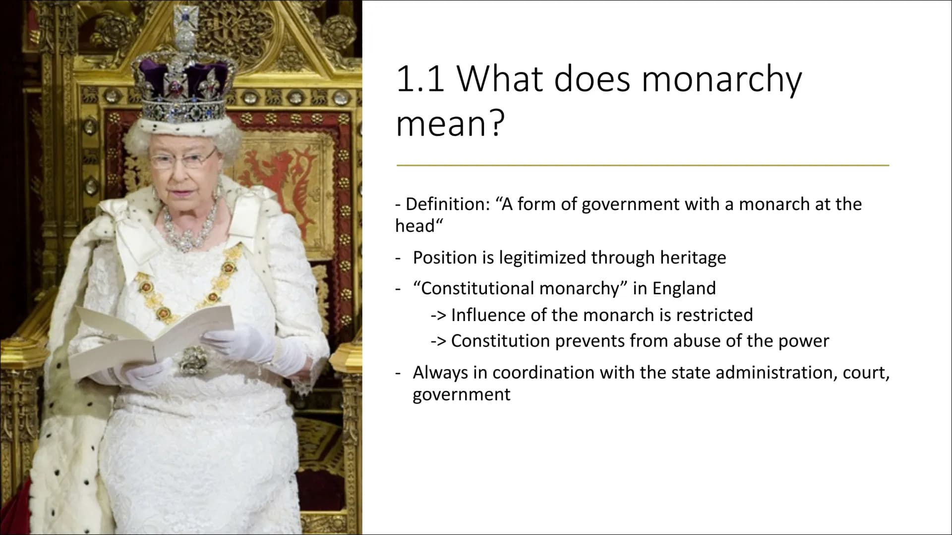 1114
**
The monarchy in England
A loss of money or an important impact for the British society?
A presentation by Léonie Schmitz Structure
1