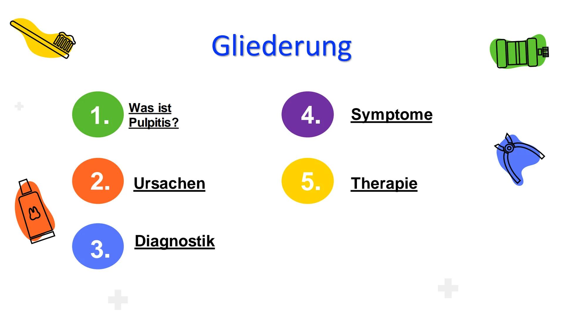 W
Pulpitis
Iva Georgievska M
1.
2.
3.
Was ist
Pulpitis?
Ursachen
Gliederung
Diagnostik
4. Symptome
5. Therapie + Was ist
Pulpitis?
Unter der