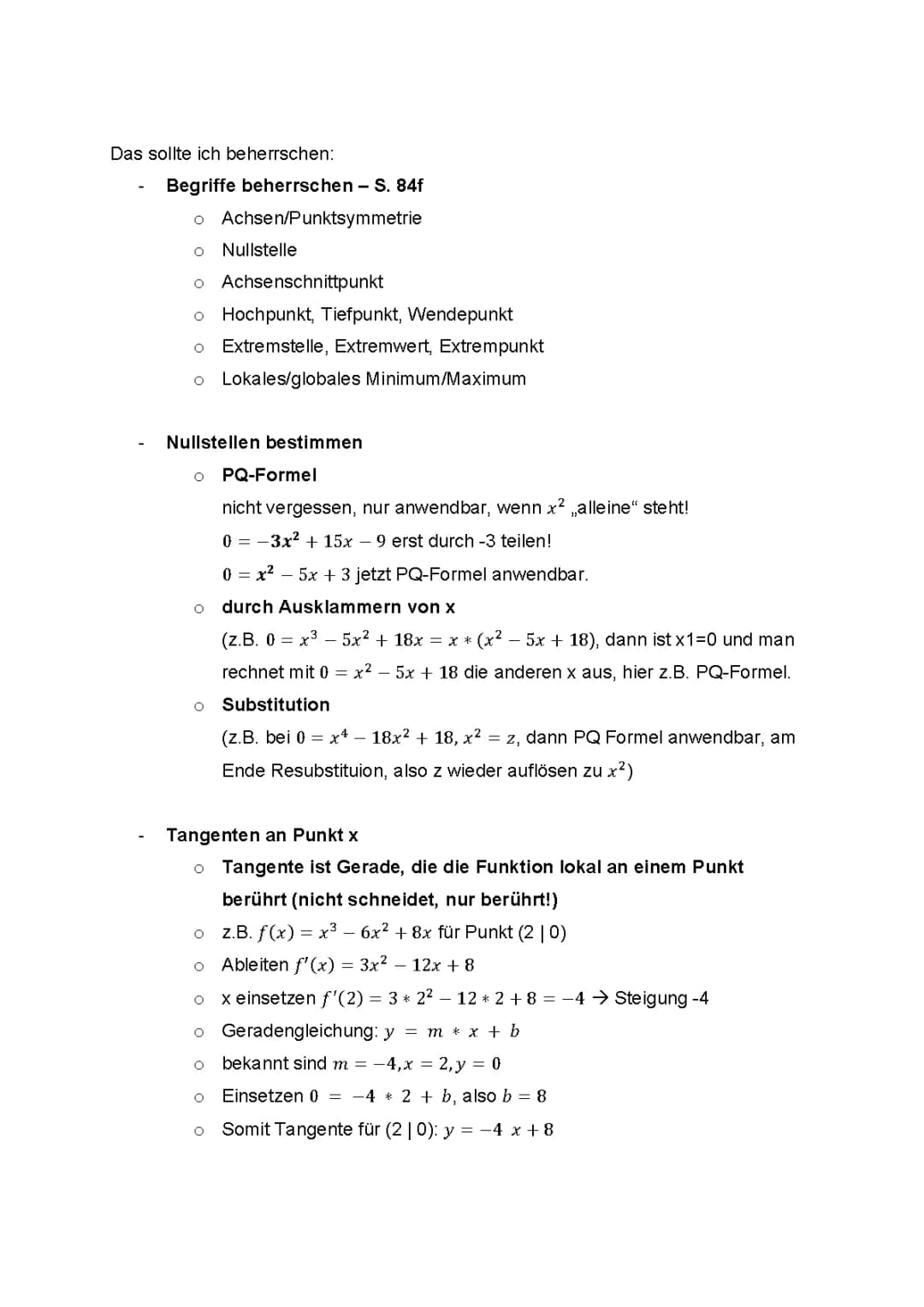 Klausur (Nullstellen, Tangente, Extrempunkte, Ableitungen)