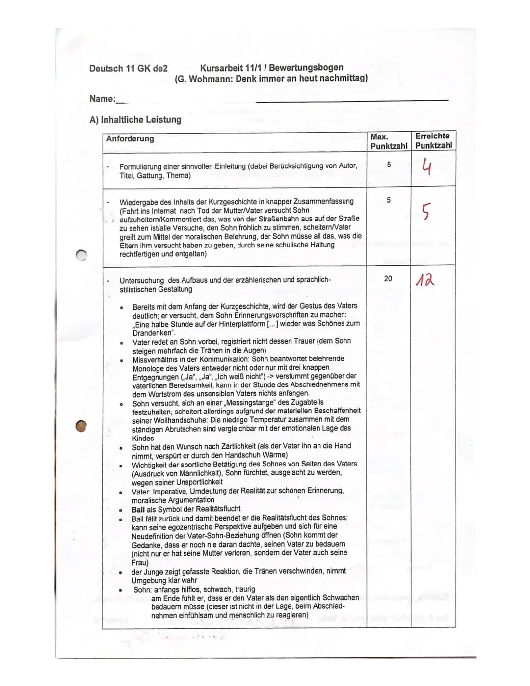 Deutsch 11 GK de2
Name:__
A) Inhaltliche Leistung
Anforderung
Kursarbeit 11/1/ Bewertungsbogen
(G. Wohmann: Denk immer an heut nachmittag)
F