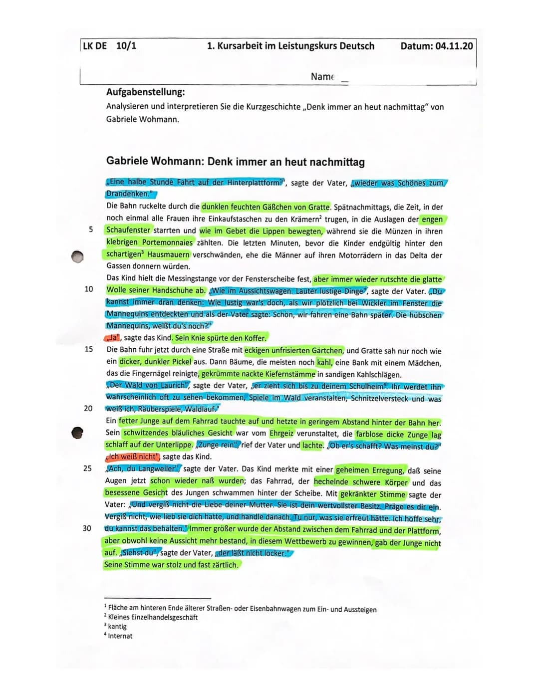 Deutsch 11 GK de2
Name:__
A) Inhaltliche Leistung
Anforderung
Kursarbeit 11/1/ Bewertungsbogen
(G. Wohmann: Denk immer an heut nachmittag)
F