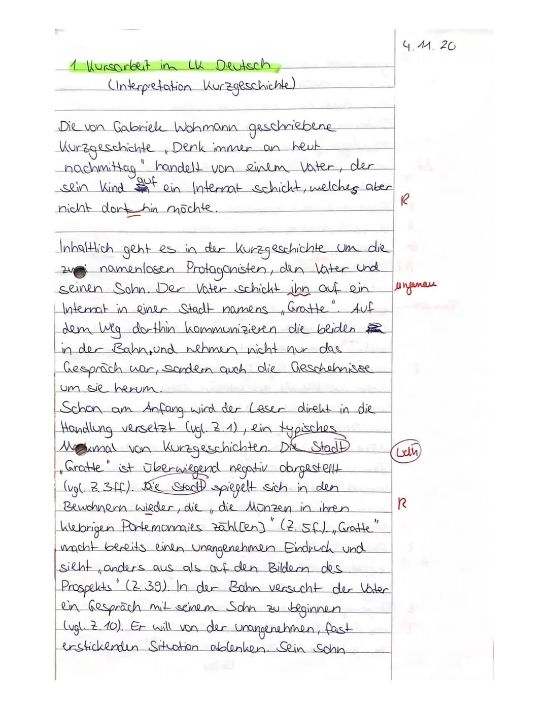 Deutsch 11 GK de2
Name:__
A) Inhaltliche Leistung
Anforderung
Kursarbeit 11/1/ Bewertungsbogen
(G. Wohmann: Denk immer an heut nachmittag)
F