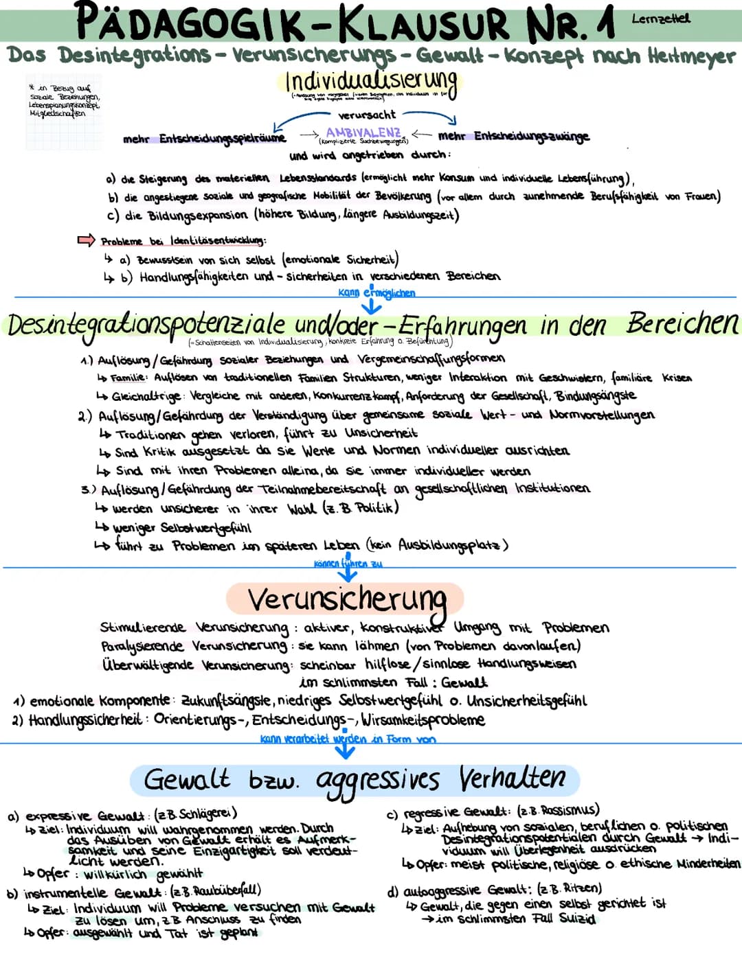 PÄDAGOGIK-KLAUSUR NR.
Das Desintegrations- Verunsicherungs-Gewalt-Konzept nach Heitmeyer
* in Bezug auf
Soziale Beziehungen,
Lebensplanungsk