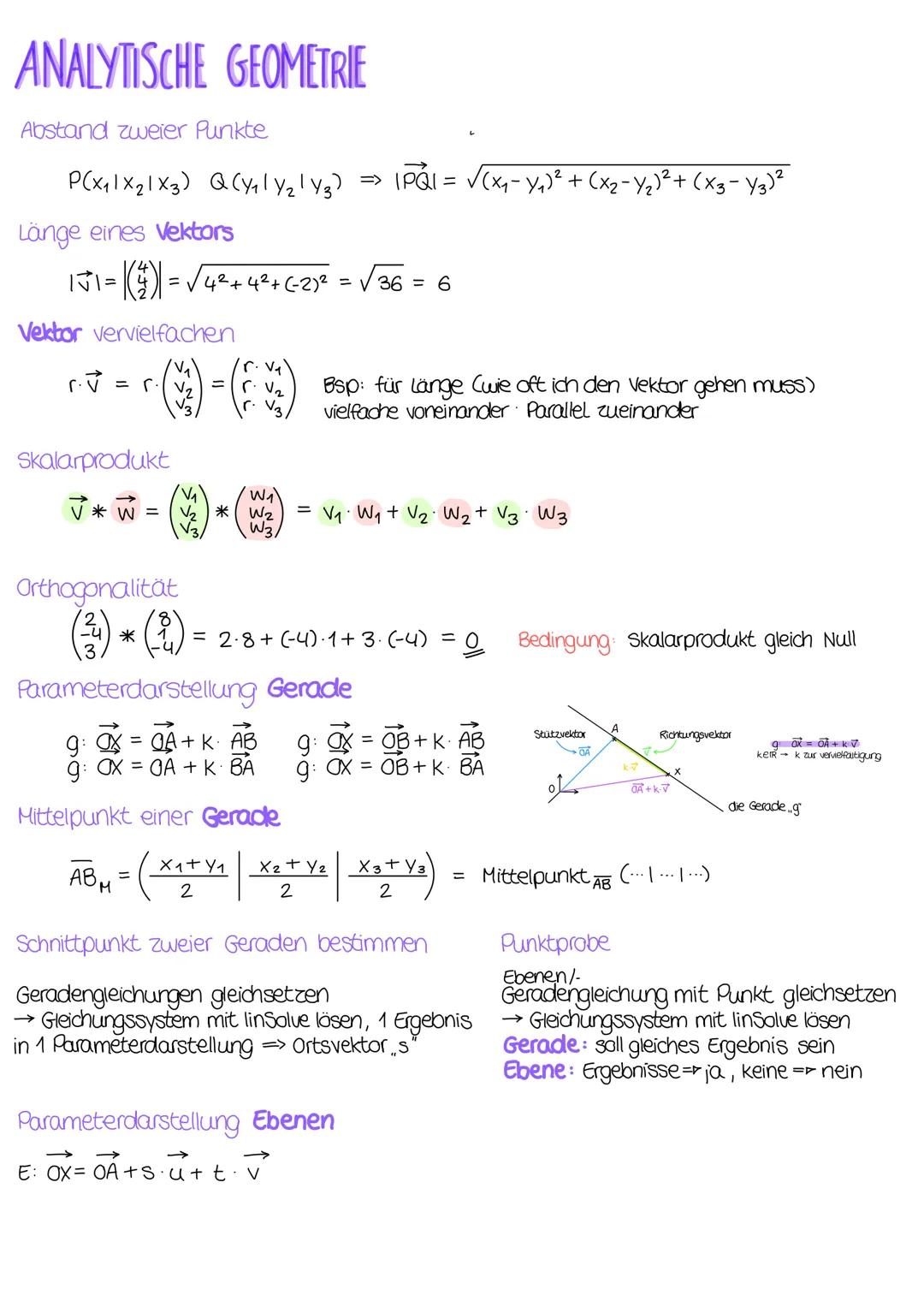 # ANALYTISCHE GEOMETRIE

Abstand zweier Punkte

$P(X_1|X_2|X_3) \quad Q(Y_1| Y_2| Y_3) \Rightarrow |\vec{PQ}| = \sqrt{(x_1-y_1)^2 + (x_2-y_2