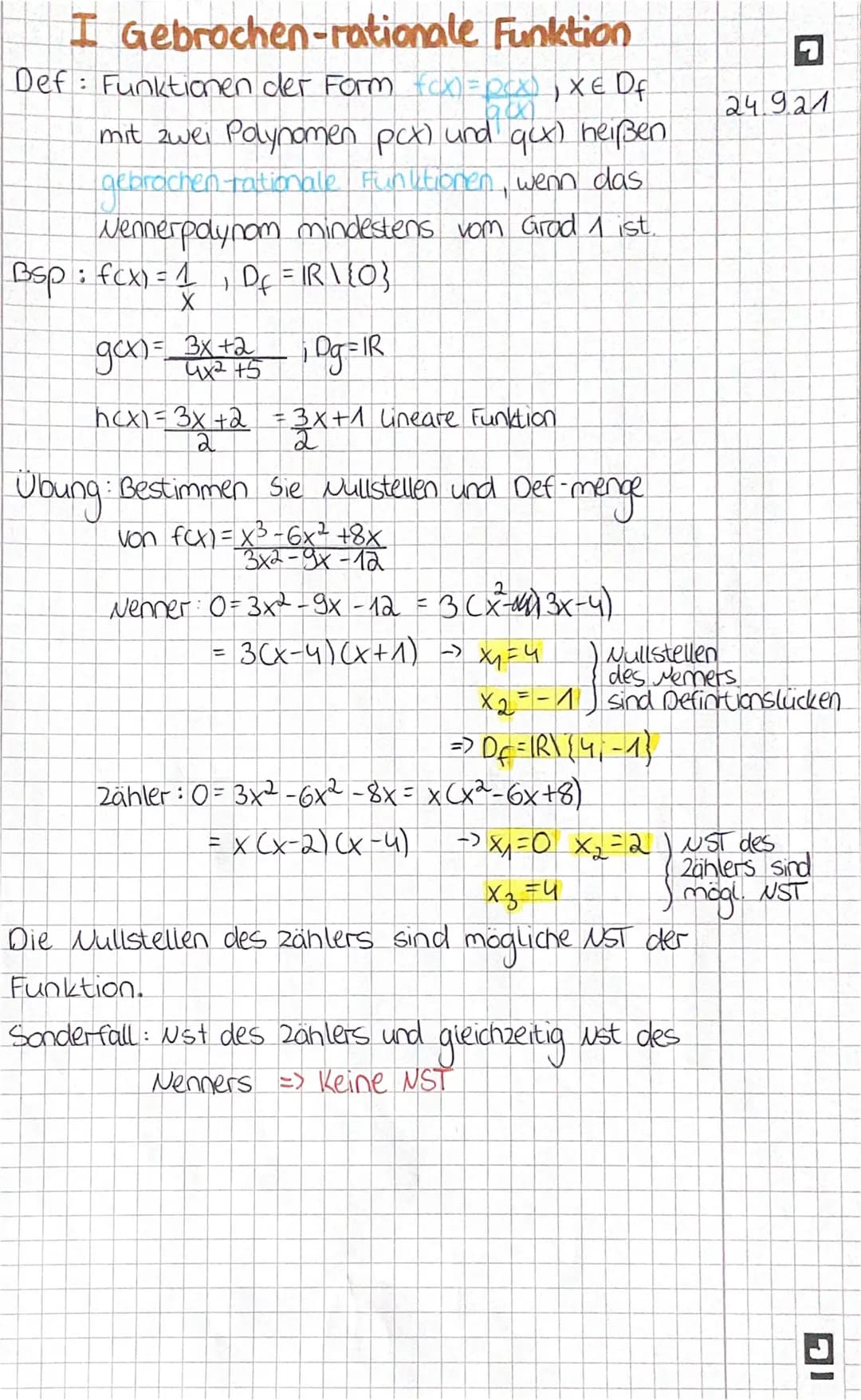 I Gebrochen-rationale
Funktion
Def: Funktionen der Form fcx) = DCX), XE D f
mit zwei Polynomen pcx) und qcx) heißen
gebrochen rationale Funk