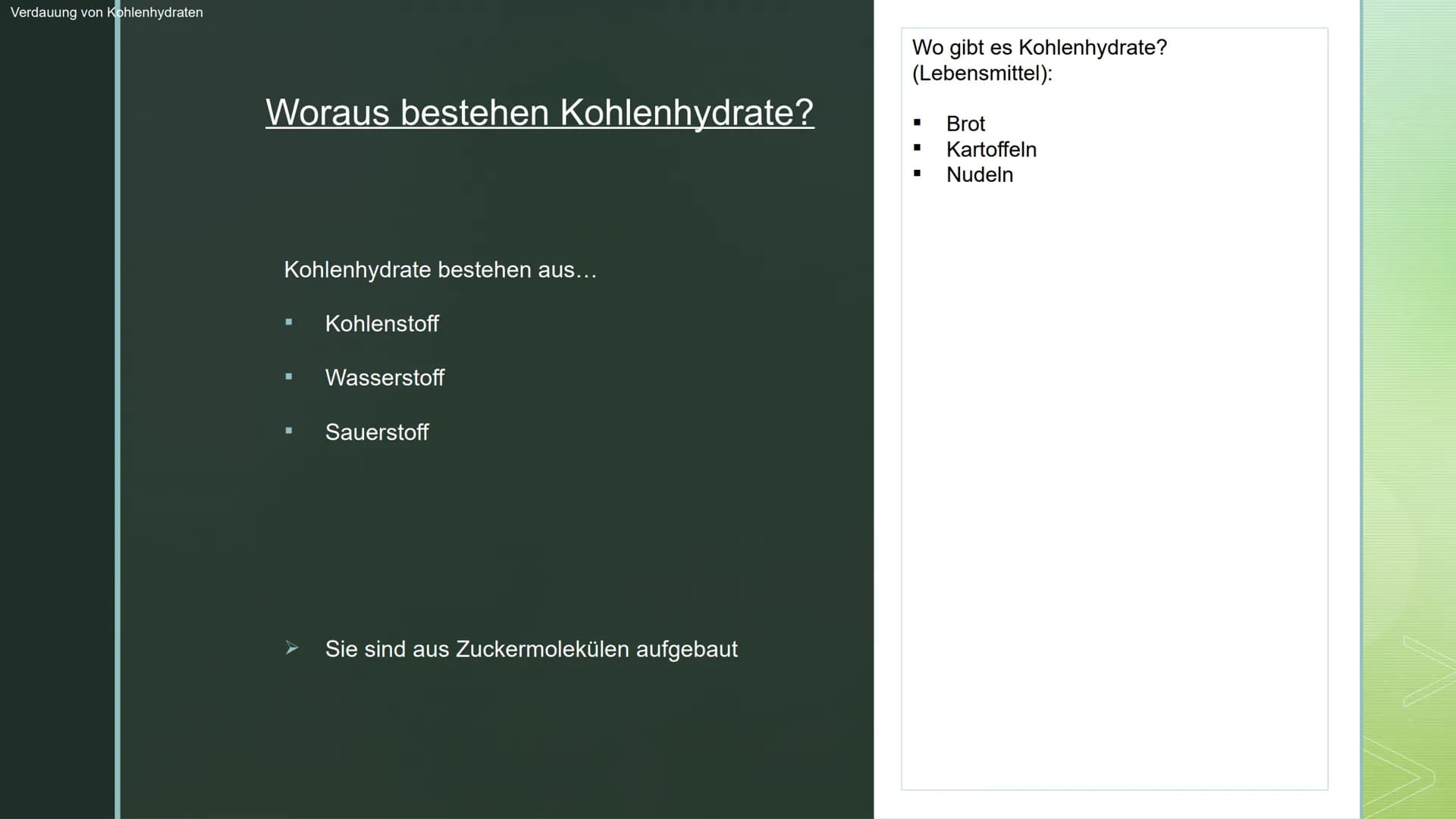 Biologie:
Verdauung ■
Gliederung:
Verdauung:
► Aufbau des Verdauungssystems
➤ Verdauung von Kohlenhydraten
➤ Enzyme Oben links in der Ecke s