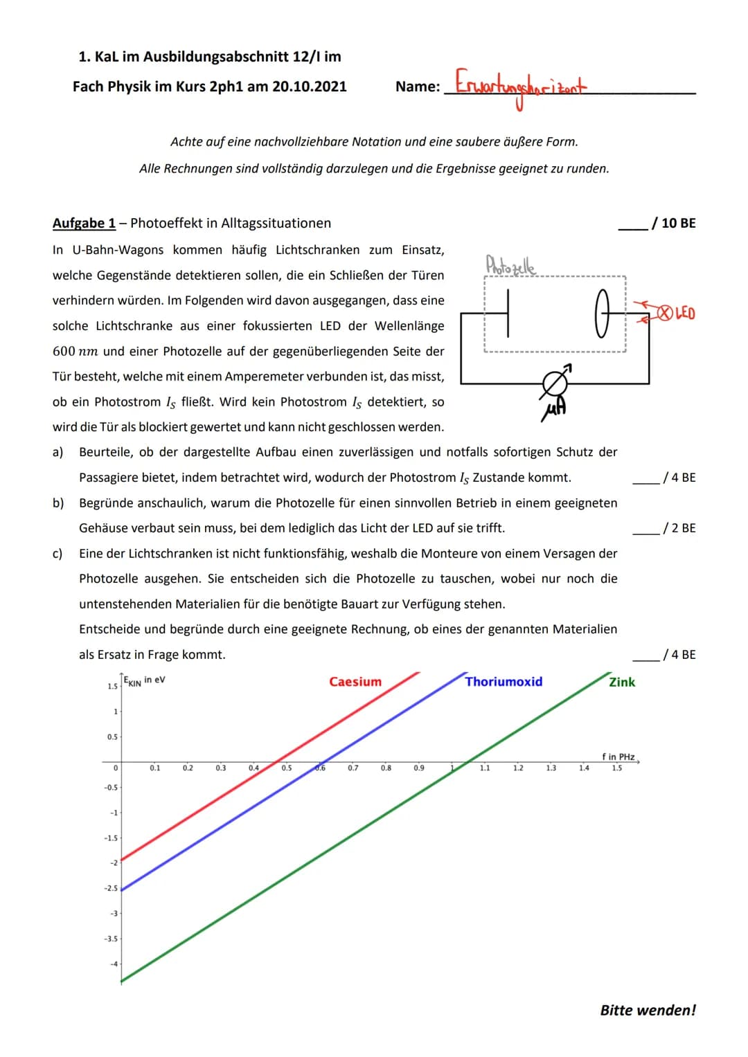 1. KaL im Ausbildungsabschnitt 12/1 im
Fach Physik im Kurs 2ph1 am 20.10.2021
1.5
1
Aufgabe 1 - Photoeffekt in Alltagssituationen
In U-Bahn-