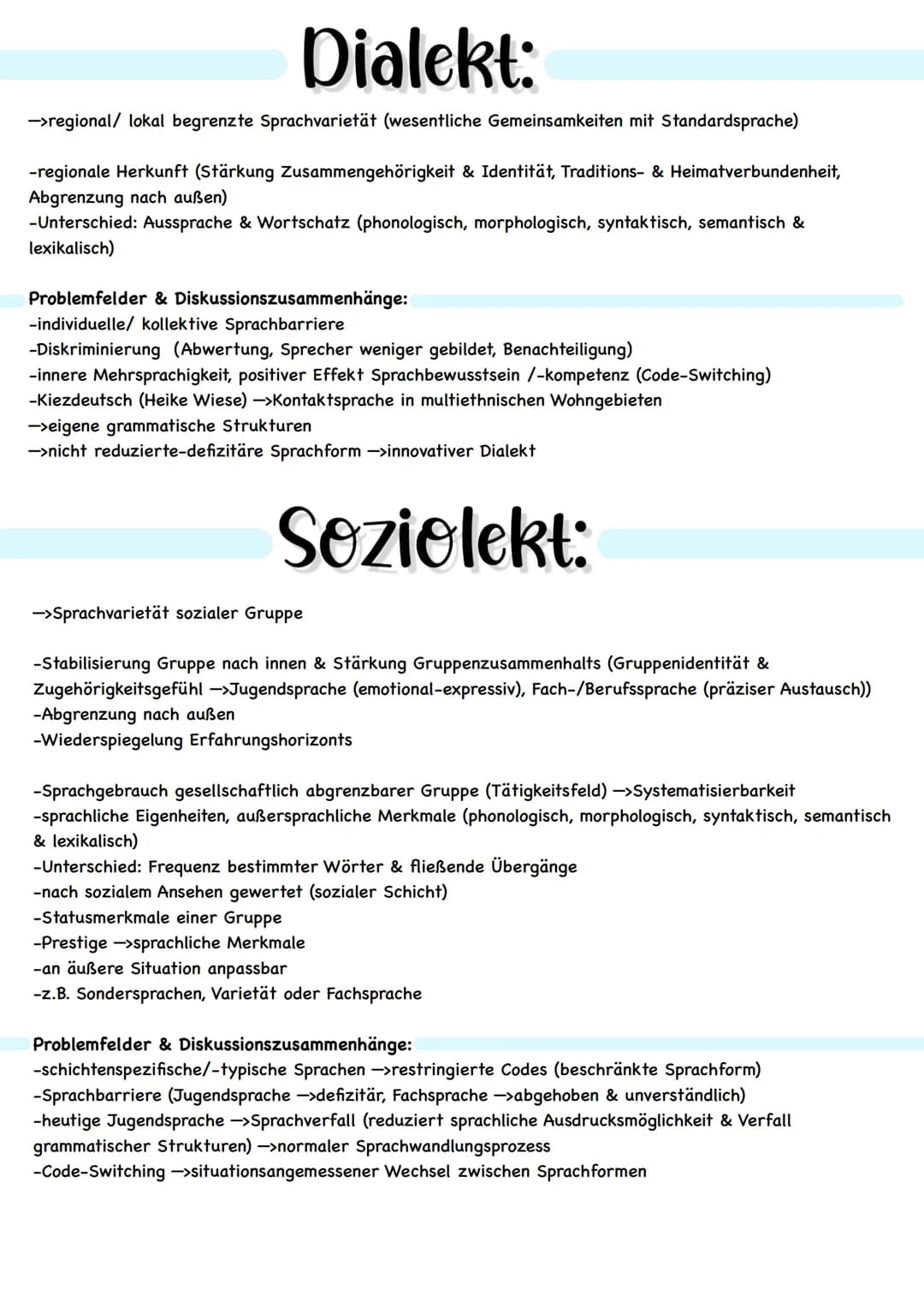 Dialekt:
->regional/ lokal begrenzte Sprachvarietät (wesentliche Gemeinsamkeiten mit Standardsprache)
-regionale Herkunft (Stärkung Zusammen
