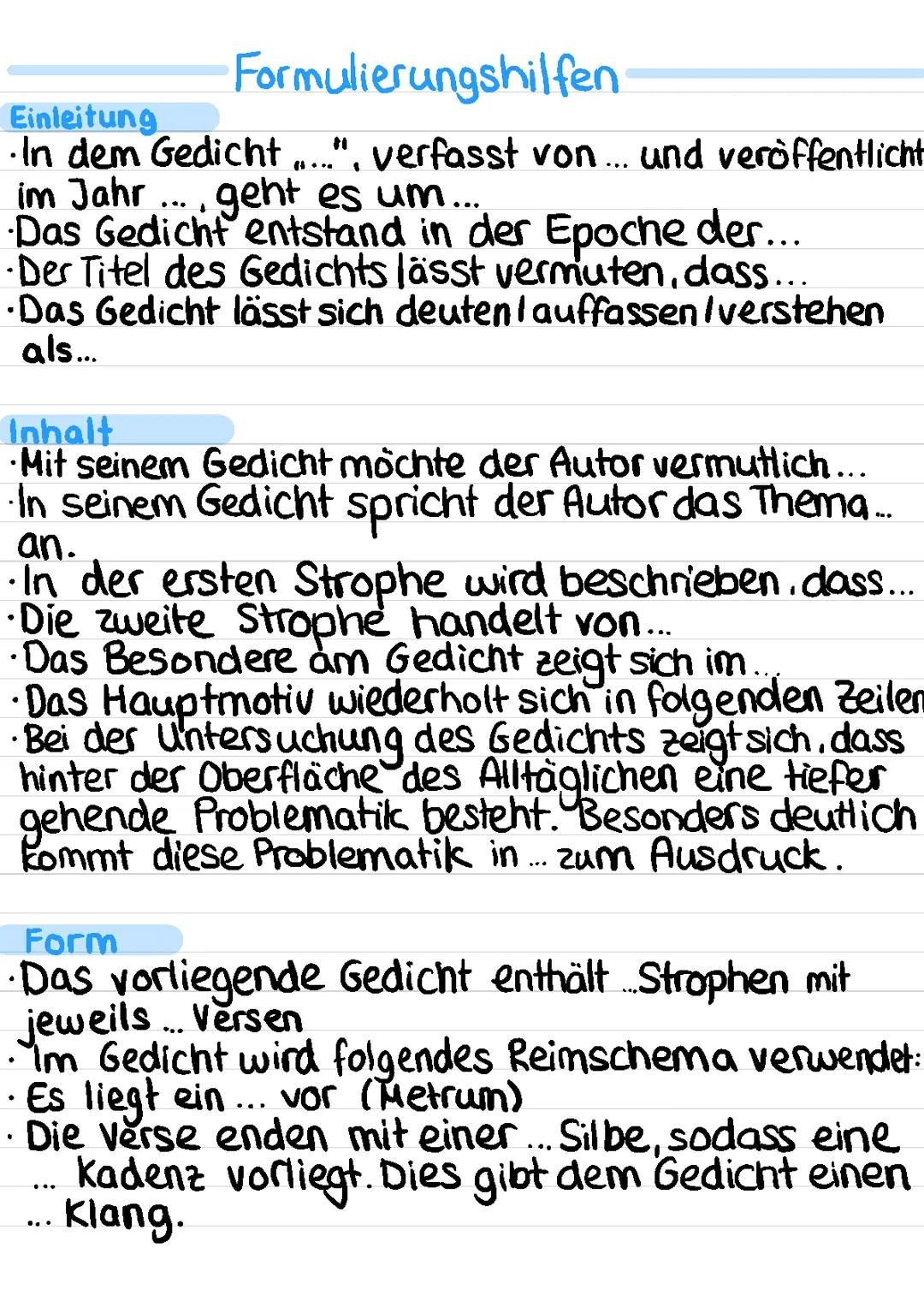 Lernzettel Formulierungshilfen Gedichtanalyse 