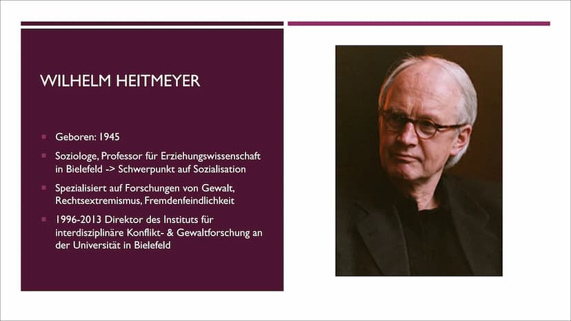 WILHELM
HEITMEYER
VON GRETA MÜLLER
DIE
GEWALTTHEORIE INHALT
■ Wilhelm Heitmeyer
▪ Wichtige Wörter
Kerngedanken
■
Desintegrationspotenziale
▪