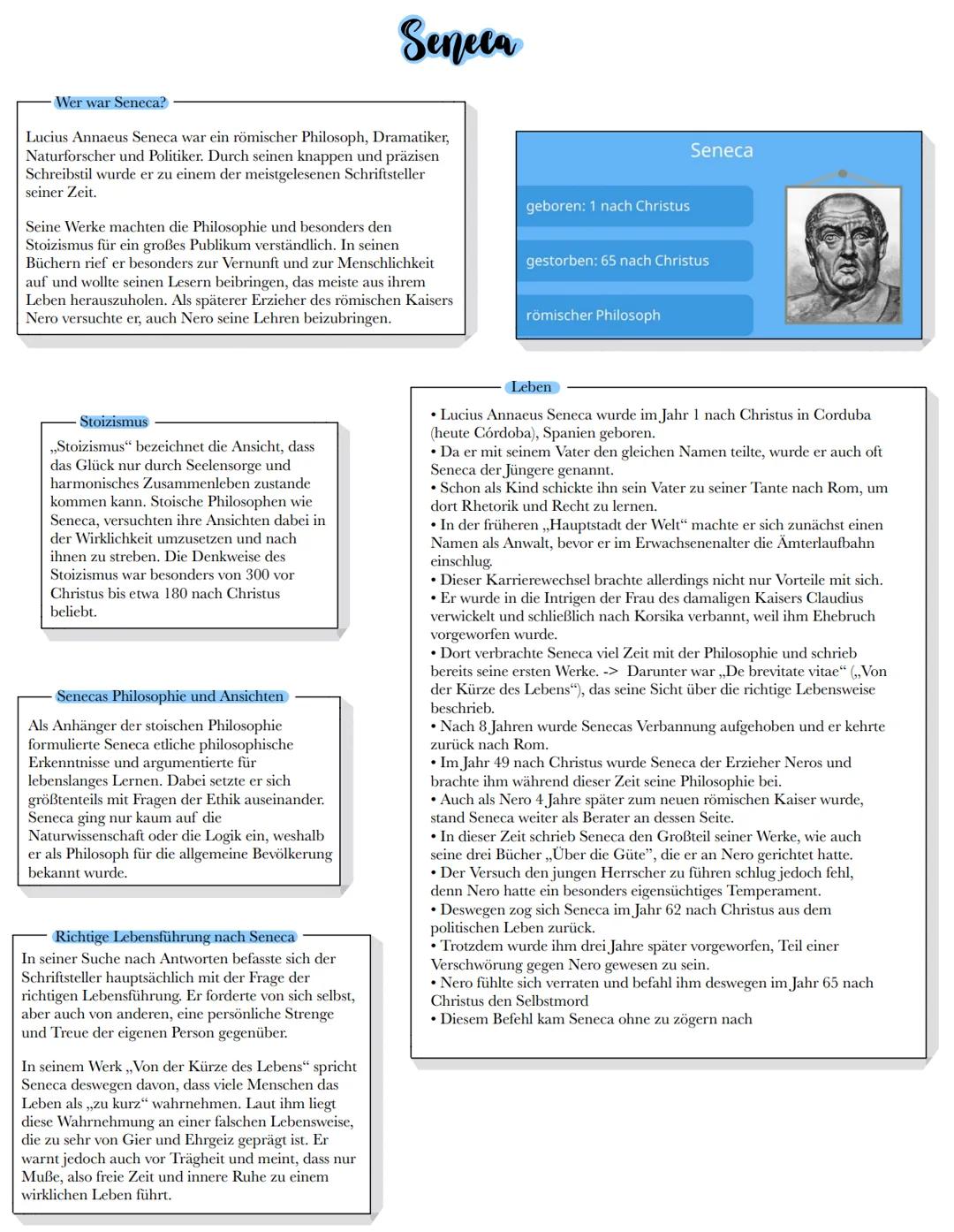 # Seneca

Wer war Seneca?

Lucius Annaeus Seneca war ein römischer Philosoph, Dramatiker,
Naturforscher und Politiker. Durch seinen knappen 