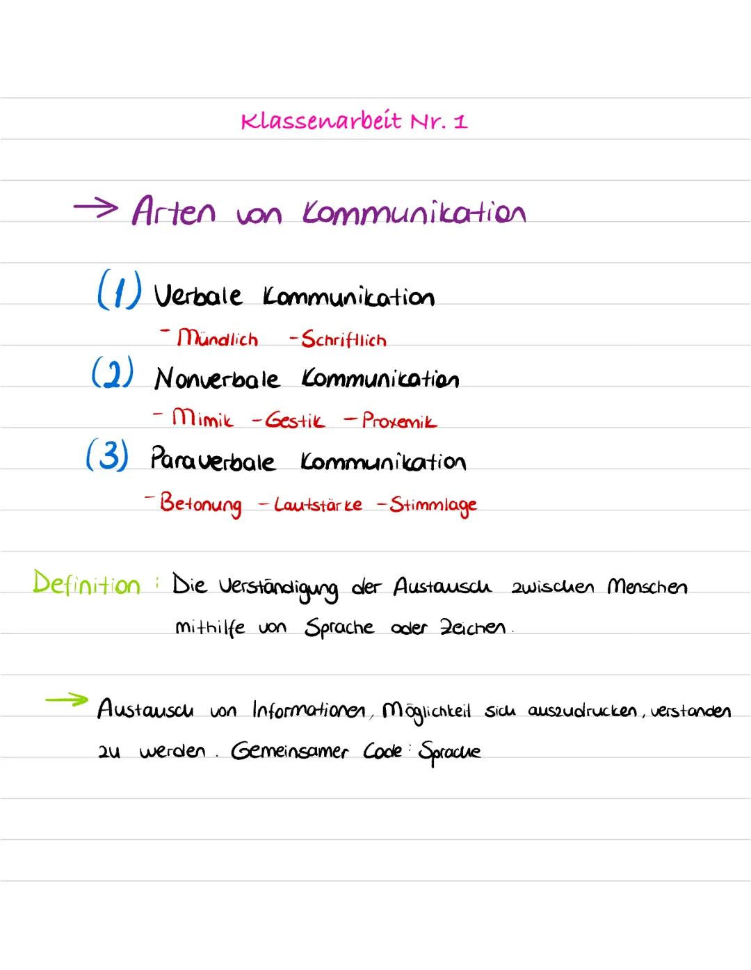  Klassenarbeit Nr. 1
→ Arten von Kommunikation.
(1) Verbale Kommunikation.
Mündlich -Schriftlich
(2) Nonverbale Kommunication.
- Mimik - Ges