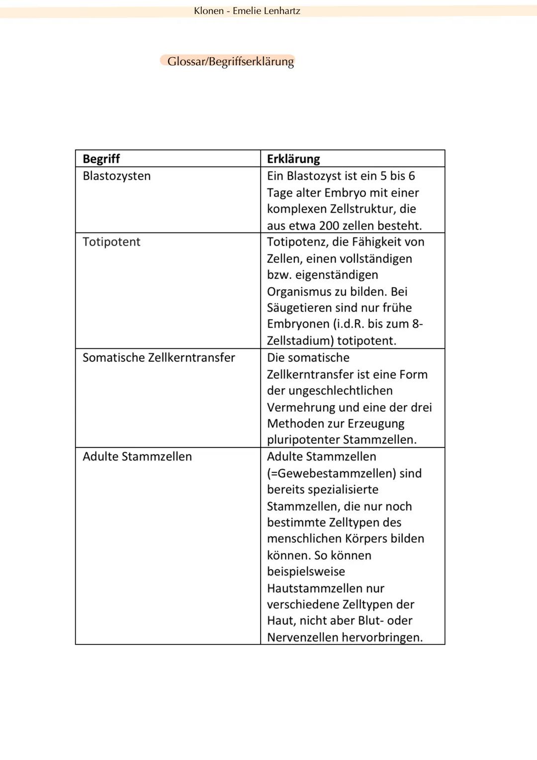 KLONEN
Handout Emelie Lenhartz VON EMELIE
KLONEN Inhaltsverzeichnis
1. Definition
2. Geschichte
3. Klonen in der Natur
4. Reproduktives Klon