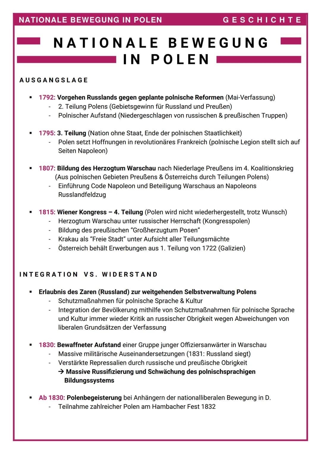 NATIONALE BEWEGUNG IN POLEN
AUSGANGSLAGE
■
NATIONALE BEWEGUNG
IN POLEN
■
GESCHICHTE
1792: Vorgehen Russlands gegen geplante polnische Reform