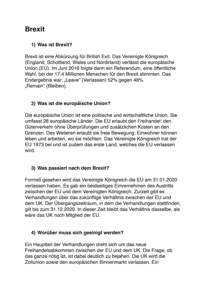 Brexit
1) Was ist Brexit?
Brexit ist eine Abkürzung für British Exit. Das Vereinigte Königreich
(England, Schottland, Wales und Nordirland) 