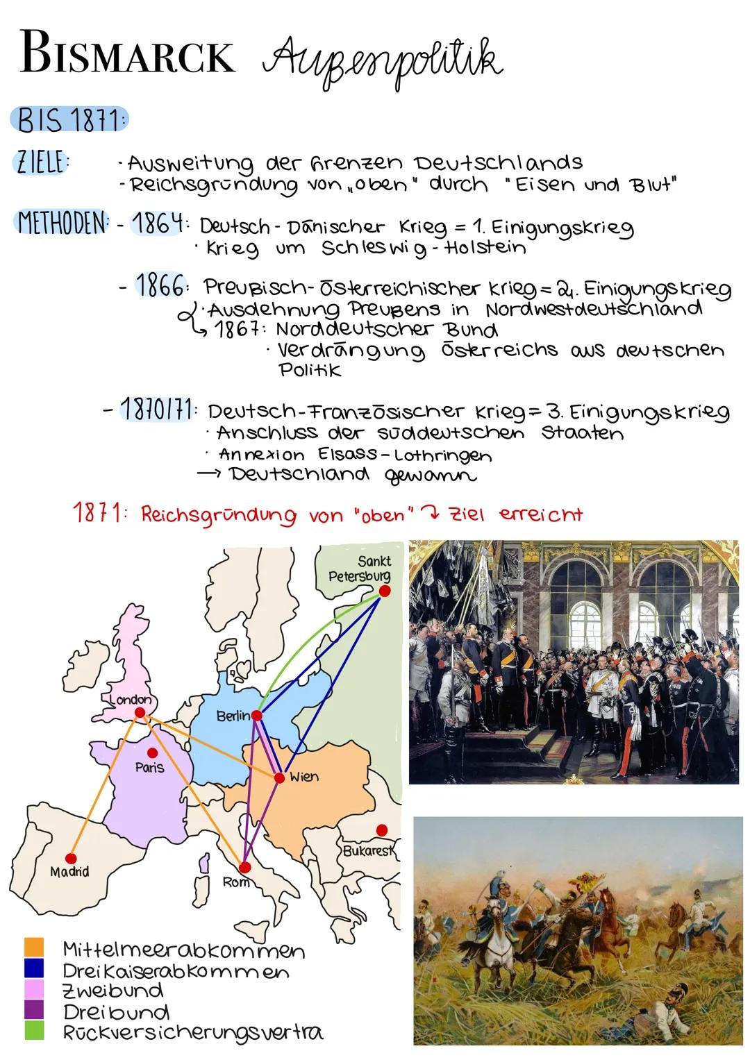 # BISMARCK Außenpolitik

AB 1871

ZIELE:

- Ausland verdeutlichen: Deutschland = saturiert"
- Isolierung Frankreichs
- Sicherung des Status 