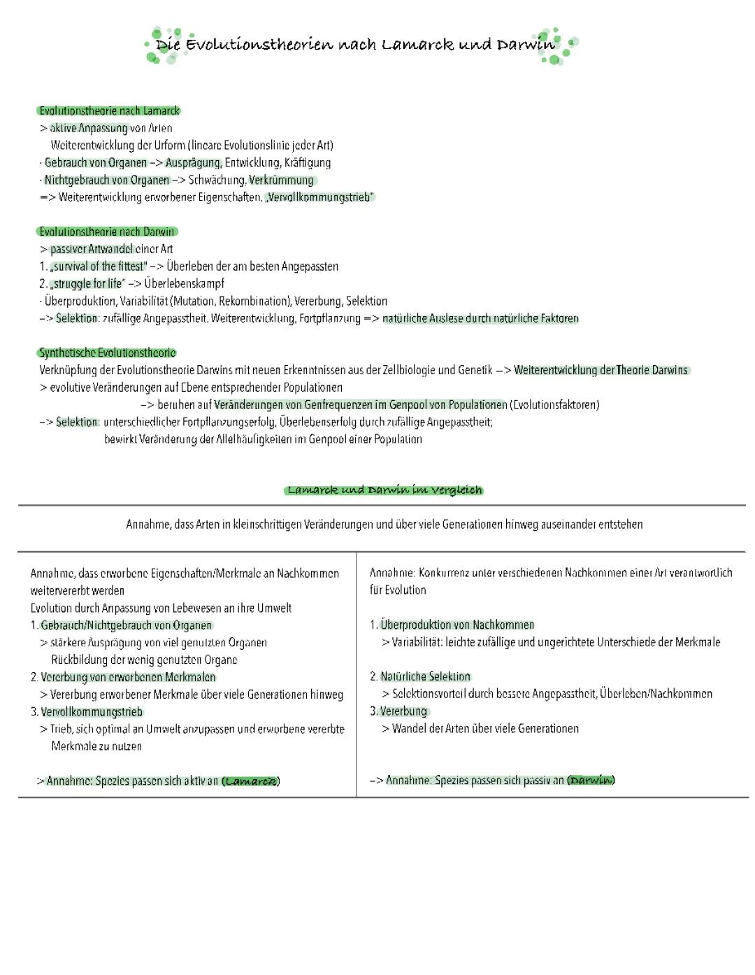 Evolutionstheorie Lamarck und Darwin: Vergleich und Arbeitsblätter
