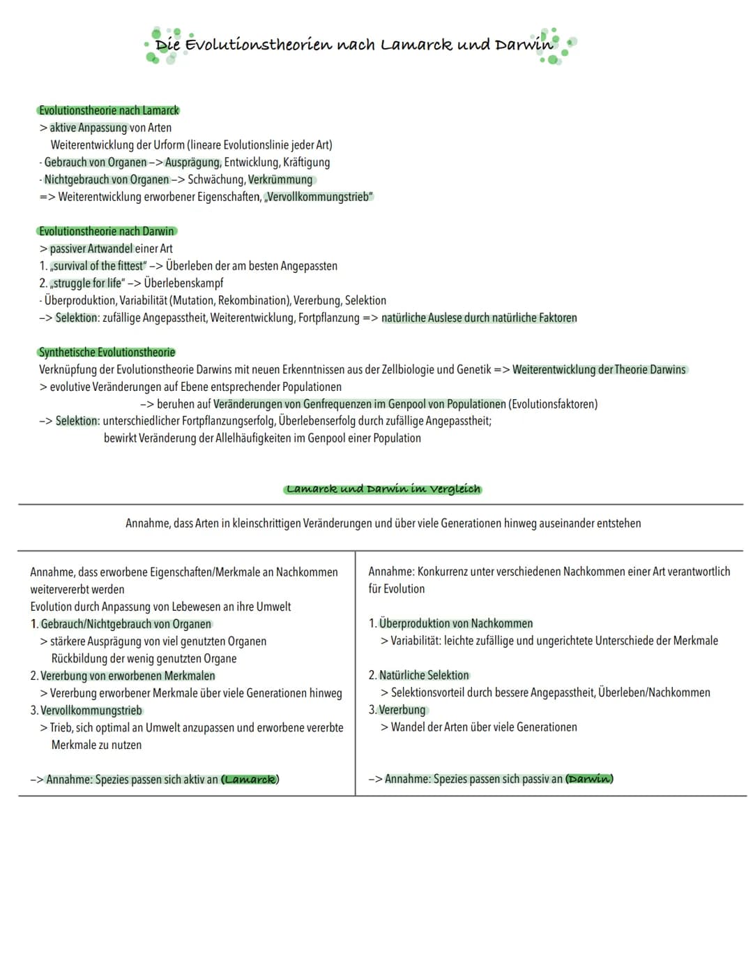 • Die Evolutionstheorien nach Lamarck und Darwin
Evolutionstheorie nach Lamarck
> aktive Anpassung von Arten
Weiterentwicklung der Urform (l