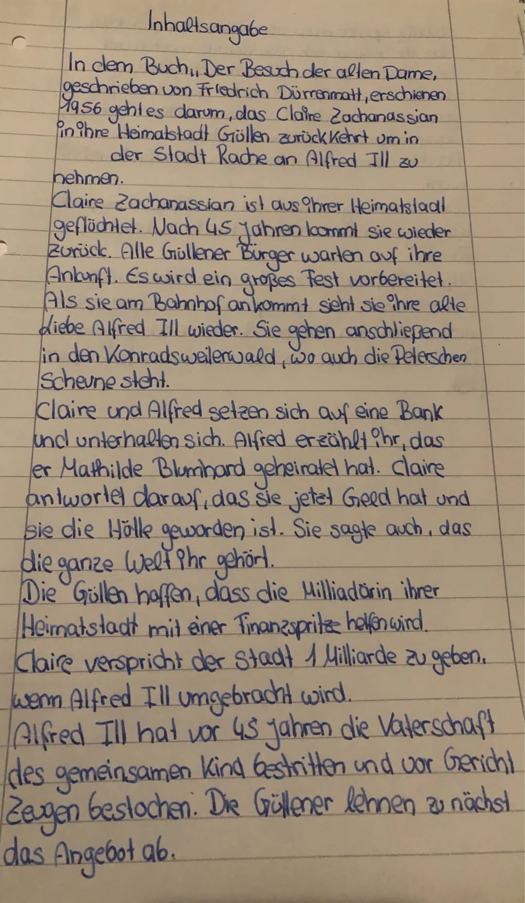 S
Inhaltsangabe
In dem Buch,, Der Besuch der alten Dame,
geschrieben von Friedrich Dürrenmatt, erschienen
1956 geht es darum, das Claire Zac