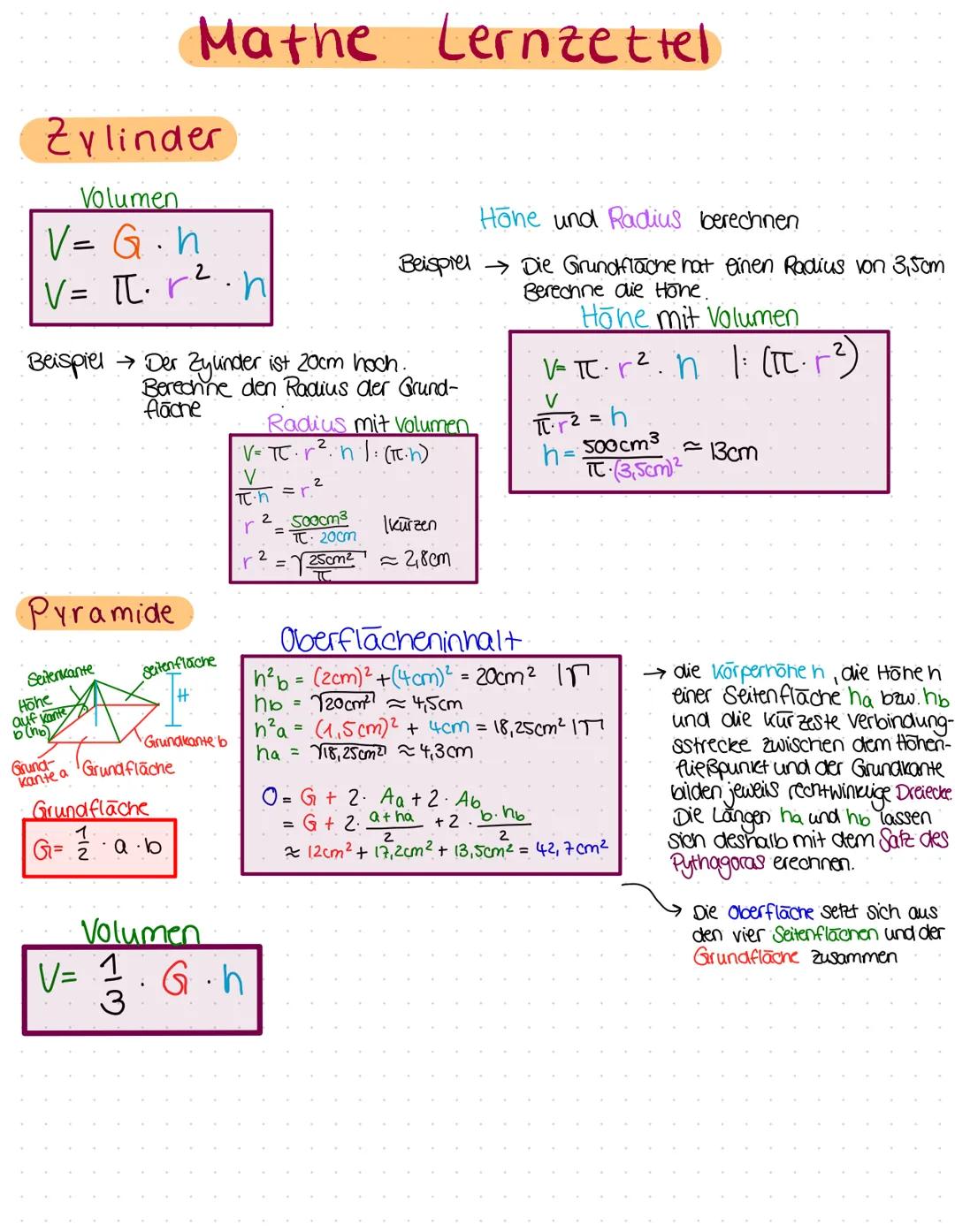Kreisberechnung
A
M
M
r
ir
Lernzettel Mathe
Umfang
u= 2 · πC • r·
U = πC d
d
Kreisausschnitt
·Flächeninhalt
A2²
=
Kreisbogen
bol
Zylinder
36