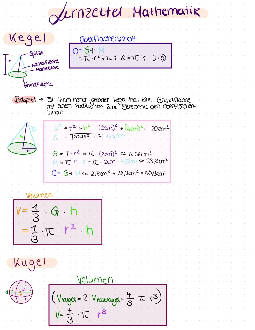 Kreisberechnung
A
M
M
r
ir
Lernzettel Mathe
Umfang
u= 2 · πC • r·
U = πC d
d
Kreisausschnitt
·Flächeninhalt
A2²
=
Kreisbogen
bol
Zylinder
36