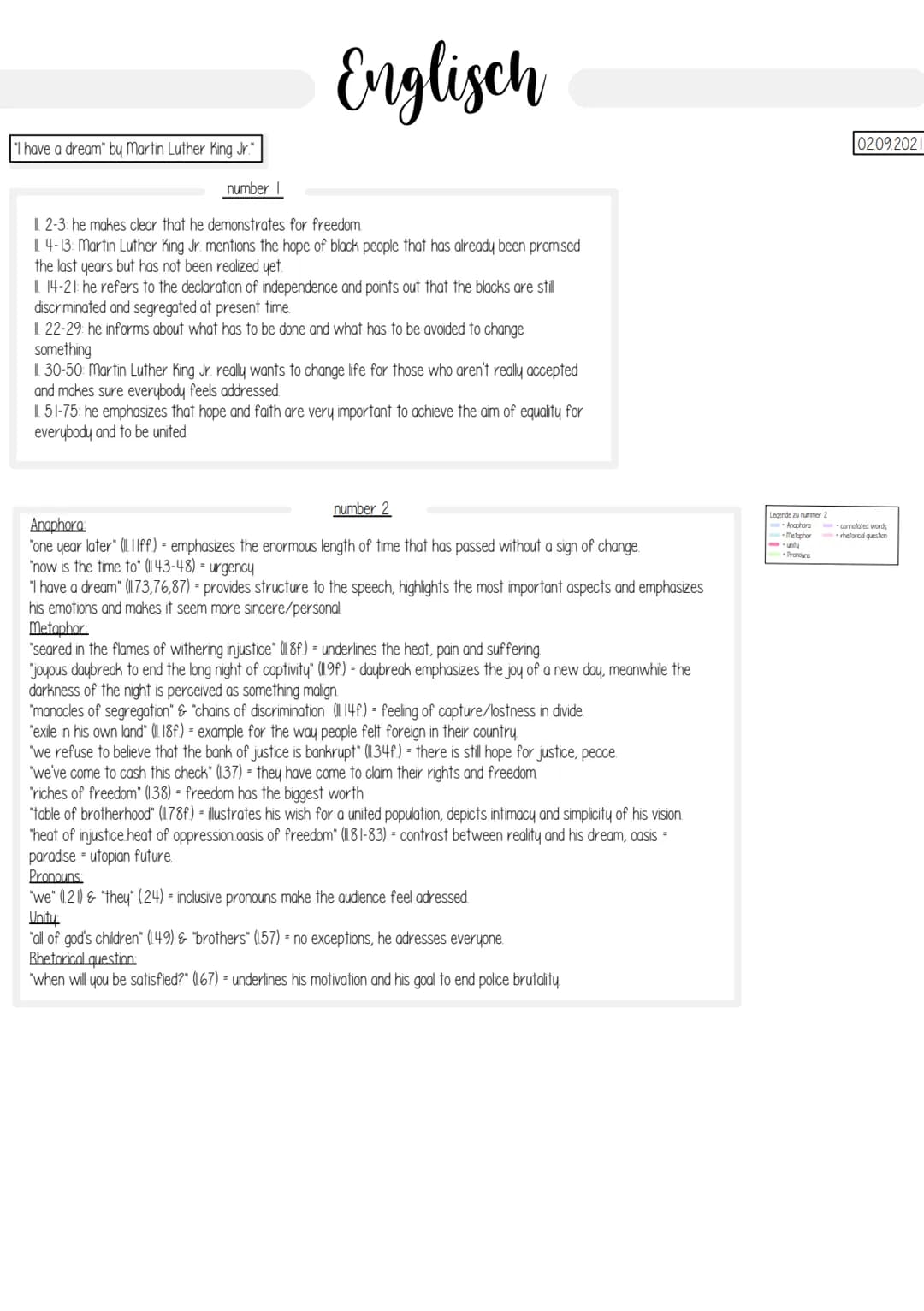 "I have a dream" by Martin Luther King Jr."
Englisch
number I
I 2-3: he makes clear that he demonstrates for freedom.
IL 4-13: Martin Luther
