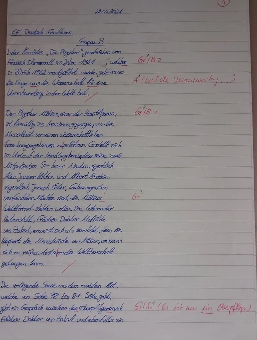 EF Deutsch Grundkurs BNG/GS/KG/KJ
Gruppe B
Klausurzeit: 90 Minuten
Klausur Nr. 1 im 2. Schulhalbjahr 2020/21
Thema: Ein Drama untersuchen- A