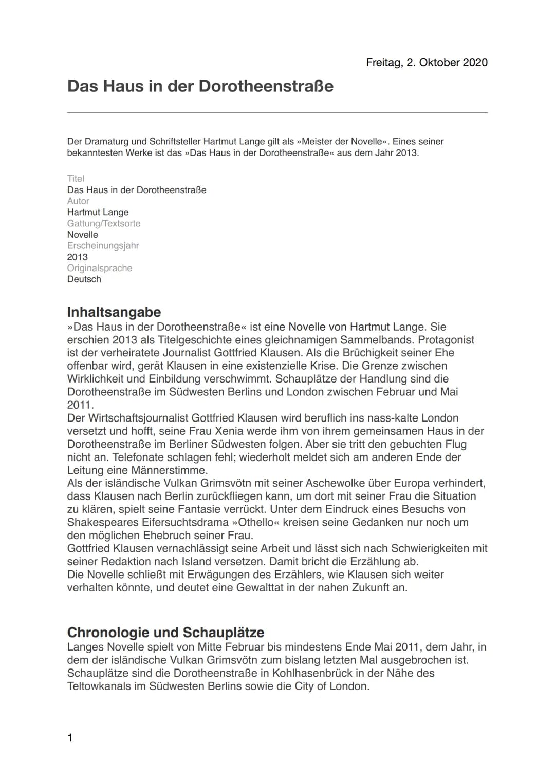 Das Haus in der Dorotheenstraße
Der Dramaturg und Schriftsteller Hartmut Lange gilt als >Meister der Novelle«<. Eines seiner
bekanntesten We