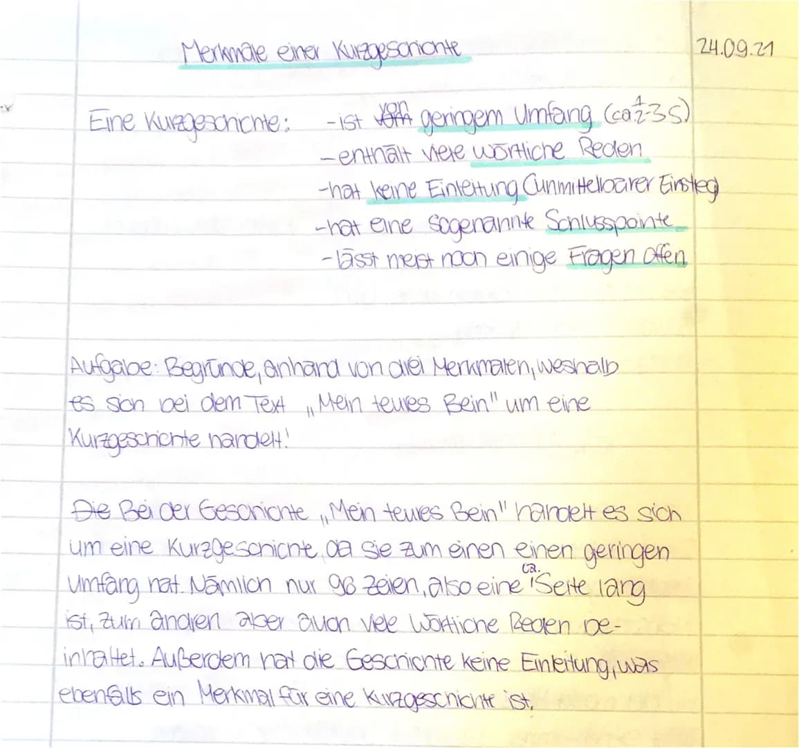 -V
Merkmale einer Kurzgesorionte
Eine Kurzgeschichte:
-ist A geringem Umfang (caz-3s)
-enthalt viele wörtliche Reden
-hat keine Einleitung C