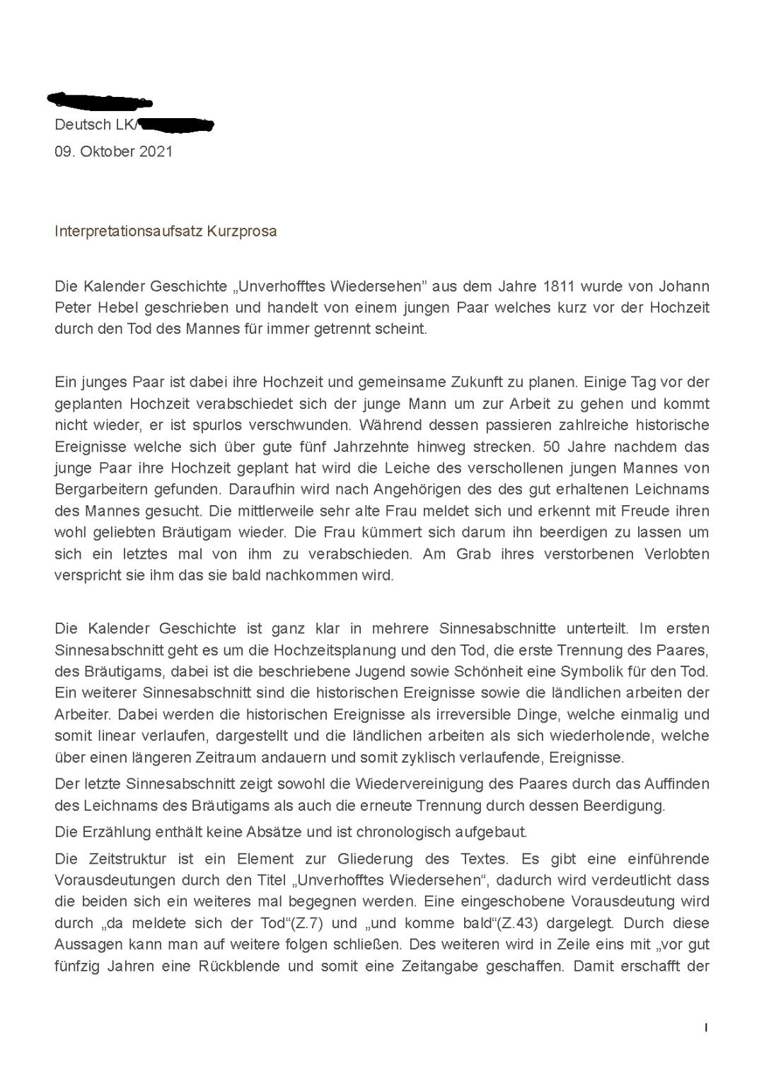Interpretationsnanalyse „Unverhofftes Wiedersehen“ von Johann Peter Hebel