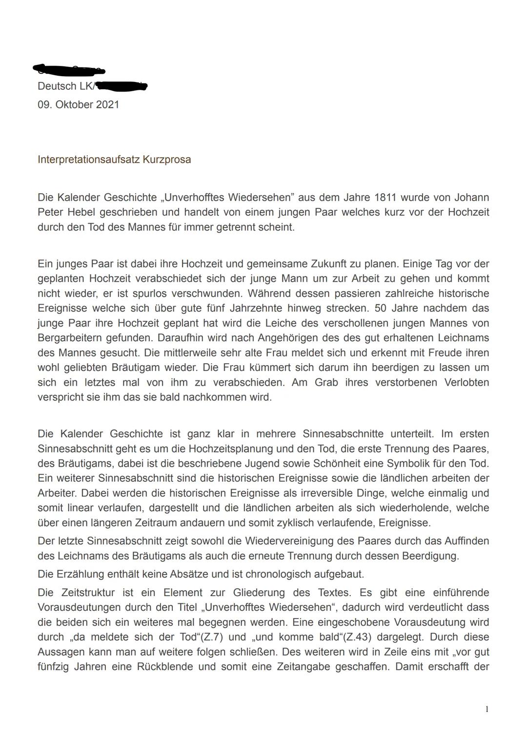 Deutsch LKA
09. Oktober 2021
Interpretationsaufsatz Kurzprosa
Die Kalender Geschichte ,,Unverhofftes Wiedersehen" aus dem Jahre 1811 wurde v