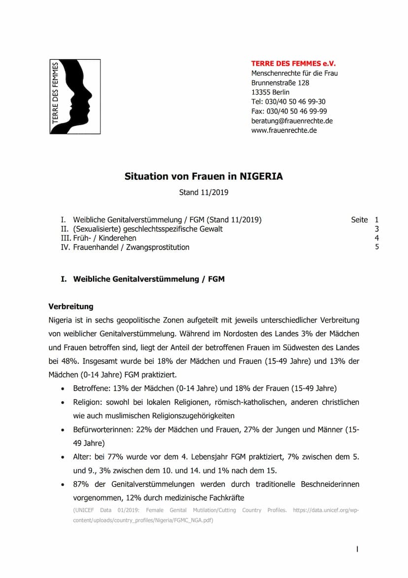 TERRE DES FEMMES
I. Weibliche Genitalverstümmelung / FGM (Stand 11/2019)
II. (Sexualisierte) geschlechtsspezifische Gewalt
III. Früh- / Kind