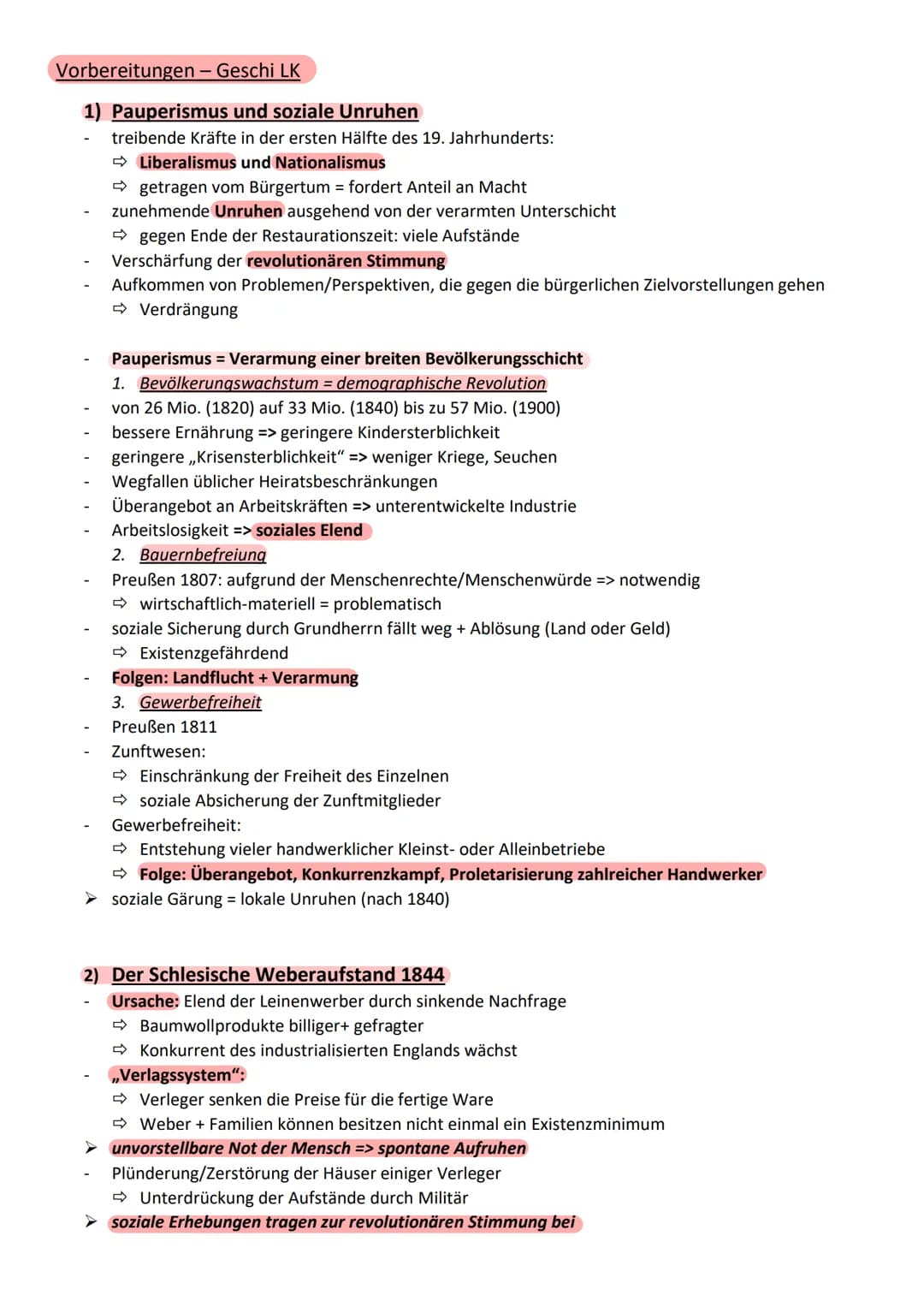 Vorbereitungen - Geschi LK
1) Pauperismus und soziale Unruhen
treibende Kräfte in der ersten Hälfte des 19. Jahrhunderts:
Liberalismus und N