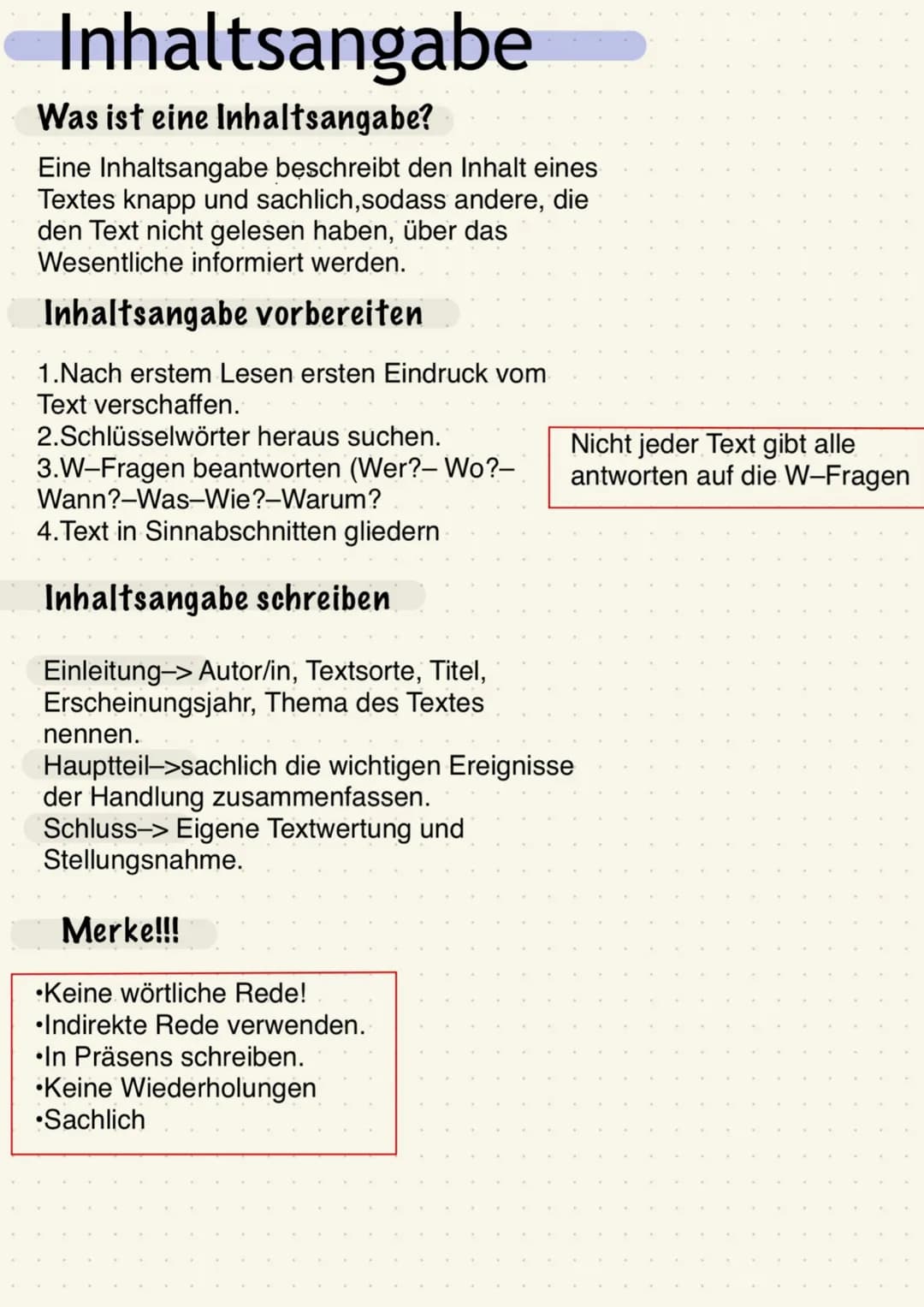 Inhaltsangabe
Was ist eine Inhaltsangabe?
Eine Inhaltsangabe beschreibt den Inhalt eines
Textes knapp und sachlich, sodass andere, die
den T