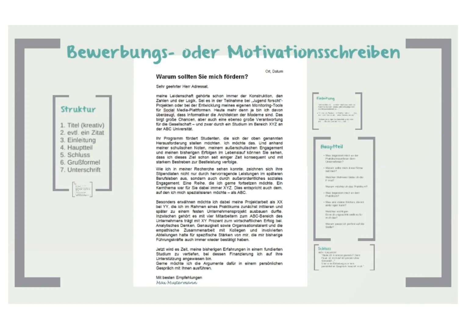 Bewerbung
• Formulierung eines Anschreibens
• Erstellung eines tabellarischen Lebenslaufs
• Bewerbungs- oder Motivationsschreiben, wenn
erfo