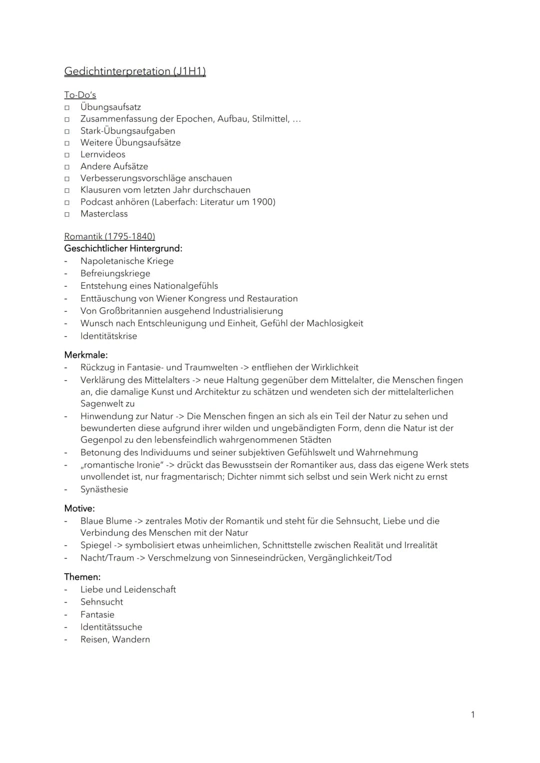 Gedichtinterpretation (J1H1)
To-Do's
☐ Übungsaufsatz
Zusammenfassung der Epochen, Aufbau, Stilmittel, ...
Stark-Übungsaufgaben
Weitere Übung