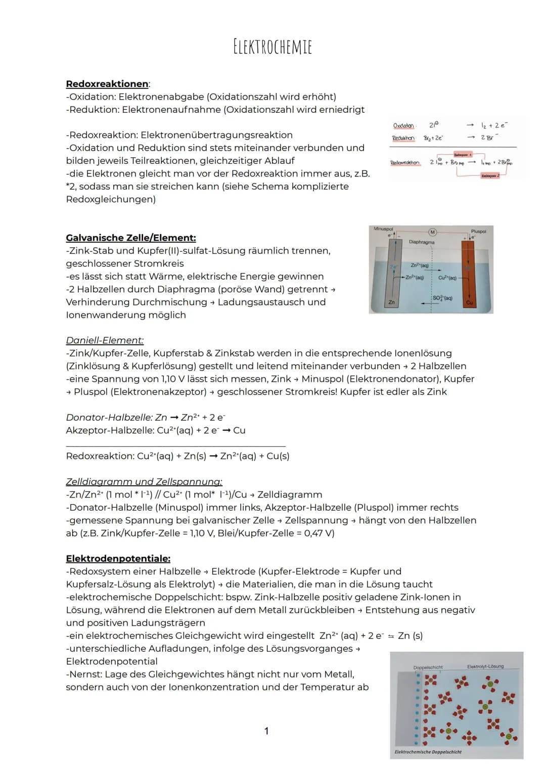 ELEKTROCHEMIE
Redoxreaktionen:
-Oxidation: Elektronenabgabe (Oxidationszahl wird erhöht)
-Reduktion: Elektronenaufnahme (Oxidationszahl wird