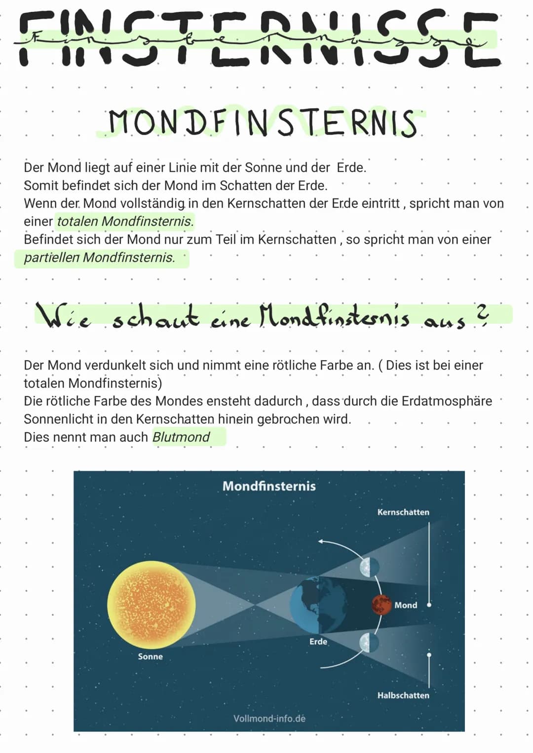 FINSTERNISSE
MONDFINSTERNIS
Der Mond liegt auf einer Linie mit der Sonne und der Erde.
Somit befindet sich der Mond im Schatten der Erde.
We