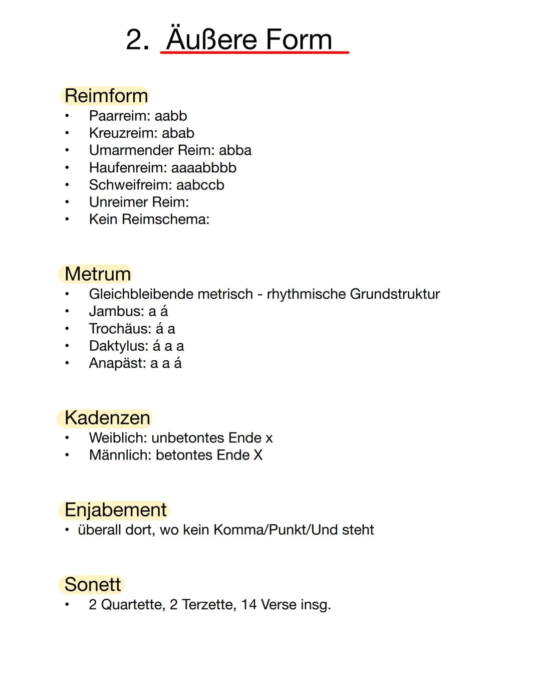 Aufbau
1. Einleitung: Titel, Autor, Epoche, Thema
2. Hauptteil: äußere Form (Strophen, Verse,
Reimschema, Metrum, Kadenzen...)
3. Sprechsitu