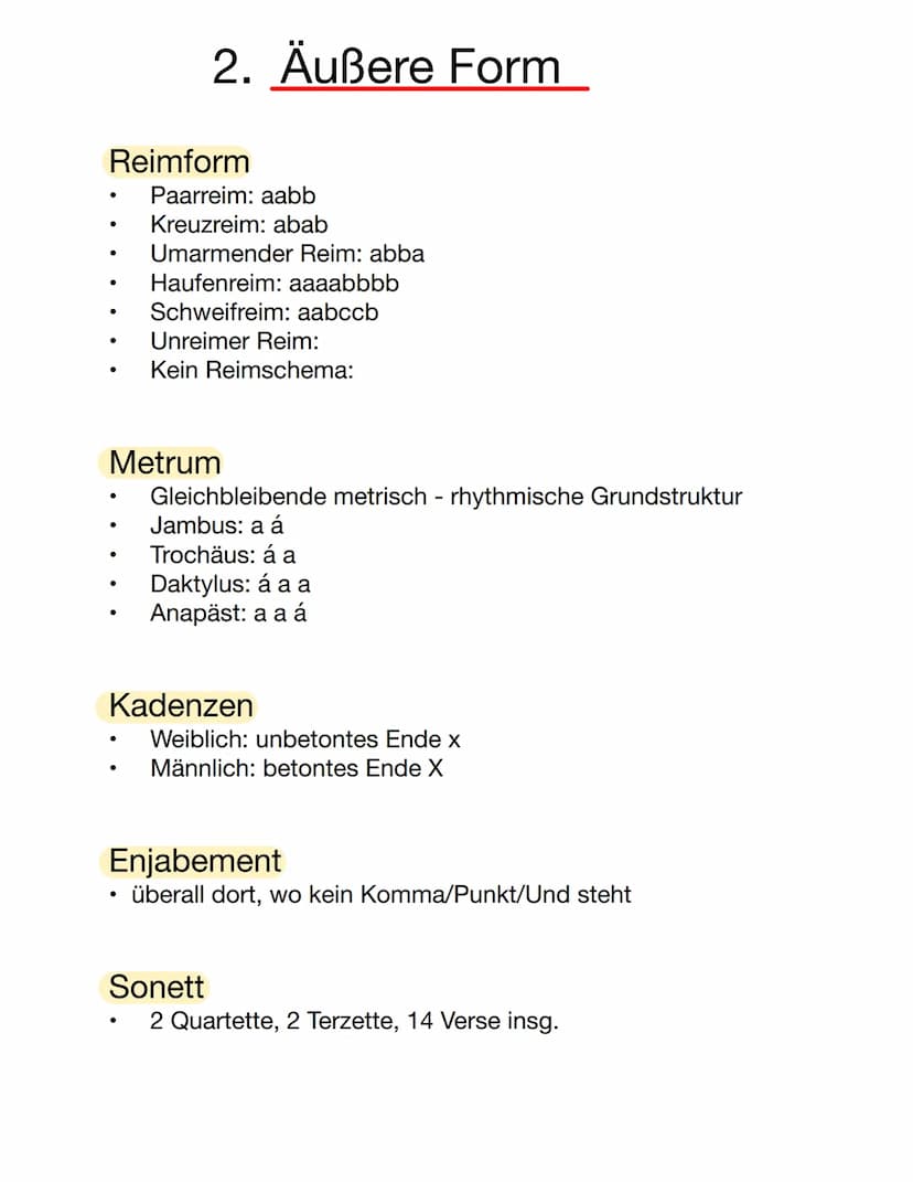 Aufbau
1. Einleitung: Titel, Autor, Epoche, Thema
2. Hauptteil: äußere Form (Strophen, Verse,
Reimschema, Metrum, Kadenzen...)
3. Sprechsitu