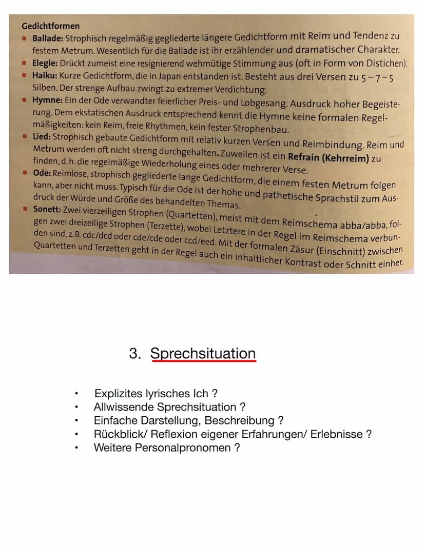 Aufbau
1. Einleitung: Titel, Autor, Epoche, Thema
2. Hauptteil: äußere Form (Strophen, Verse,
Reimschema, Metrum, Kadenzen...)
3. Sprechsitu