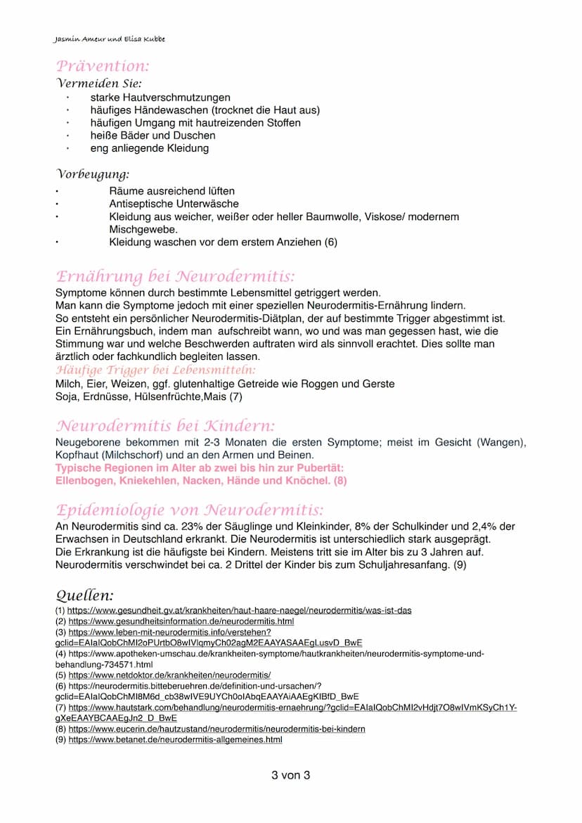 Jasmin Ameur und Elisa Kubbe
Neurodermitis
Definition
Neurodermitis, auch atopische Dermatitis genannt, ist eine nicht ansteckende, chronisc