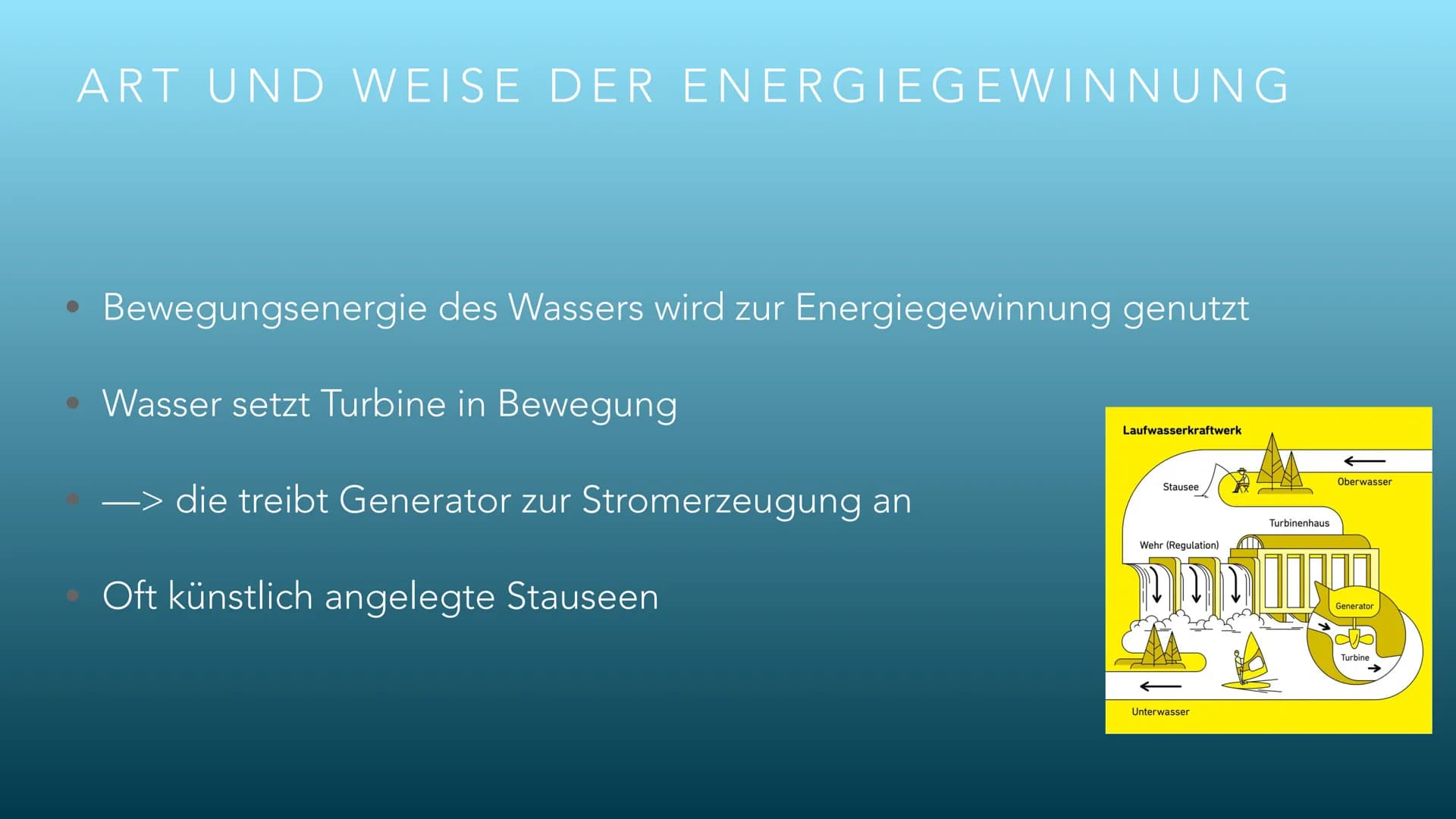 WASSERKRAFT
ERNEUERBARE ENERGIEN INHALT
Art und Weise der Energiegewinnung
Vorteile dieser Form der Energiegewinnung
Nachteile dieser Form d